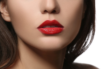 Fototapeta premium Woman with red lips isolated on white