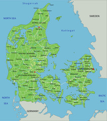 High detailed Denmark physical map with labeling.