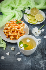 Belgian waffles and green Tea.