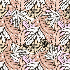 Seamless hand drawn floral leaf pattern with hand drawn shapes. Great for fabric and textile. Vector Illustration