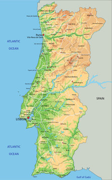 High detailed Portugal physical map with labeling.