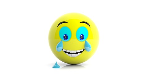 Yellow emoji with big smile and tears on white background. 3d illustration