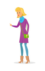 Cartoon Woman Pointing her Hand Isolated on White