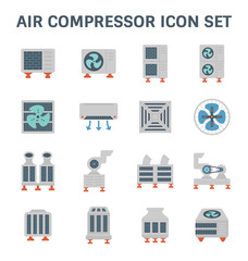 Air conditioner icon i.e. air compressor, condenser unit, ventilation, duct, cooling tower and chiller. That is a part of HVAC system to remove heat and moisture, temperature and humidity control. - obrazy, fototapety, plakaty
