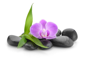 Obraz na płótnie Canvas zen basalt stones ,orchid and bamboo