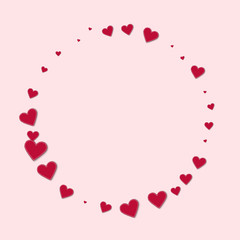 Red stitched paper hearts. Round shape on light pink background. Vector illustration.