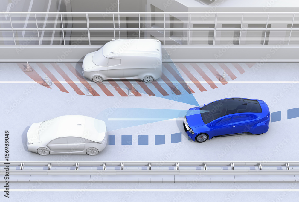 Poster autonomous car changing lane quickly to avoid a traffic accident. concept for driver assistance syst