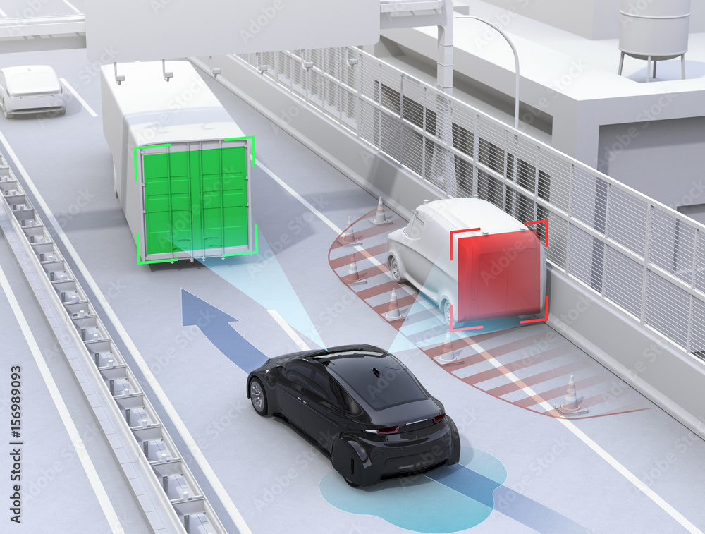 Poster autonomous car changing lane quickly to avoid a traffic accident. concept for driver assistance syst