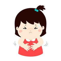 Little girl having stomach ache cartoon vector.