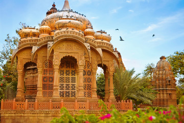 Old ancient Hindu Cenotaph of one of Jodhpur Maharajas, built in 17th century in Mandor Gardens, Jodhpur, Rajasthan, India.