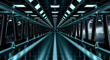 Naklejka premium Spaceship corridor with view on distant planets system 3D rendering elements of this image furnished by NASA