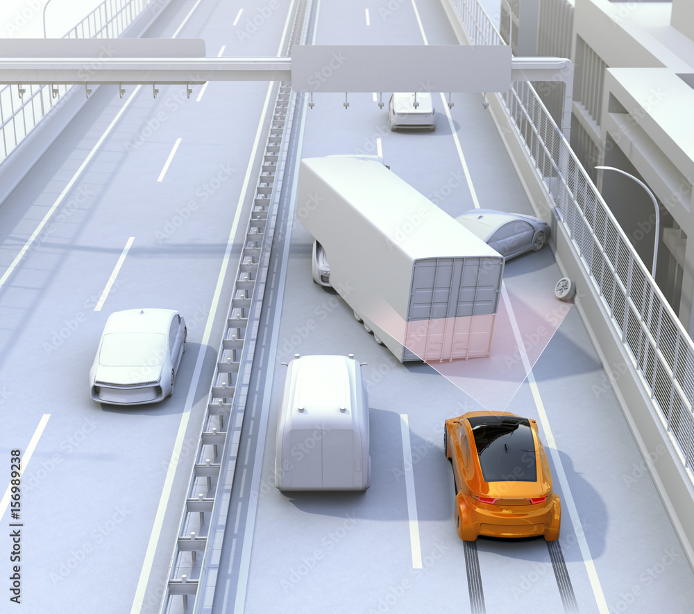 Poster automatic braking system avoid car crash from car accident. concept for driver assistance systems. 3