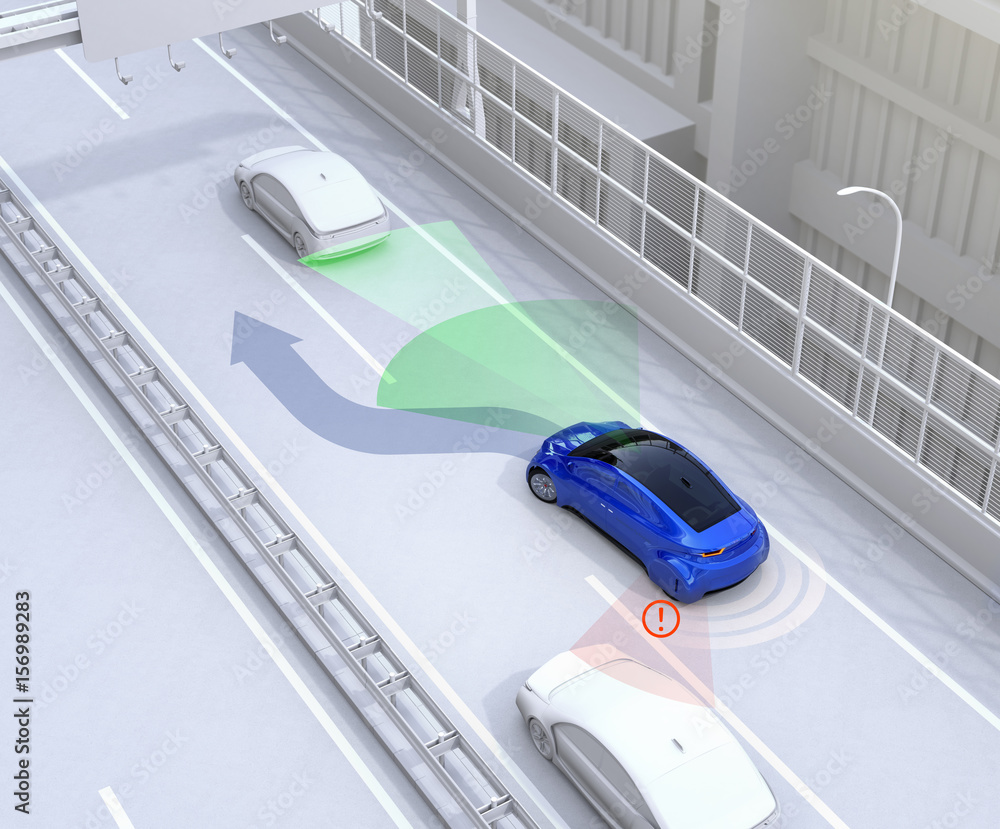 Poster side view assist system avoid car accident when changing lane. concept for driver assistance systems