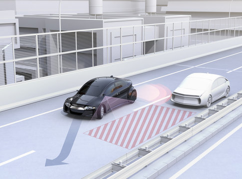 Side view assist system avoid car accident when changing lane. Concept for driver assistance systems. 3D rendering image.