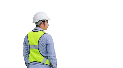 Back view of Male construction worker isolated on white background.