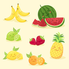 Summer Fruits Set Cute Face Cartoon Character Vector Illustration. Watermelon, Strawberry, Orange, Lemon, Lime, Banana, Pineapple.