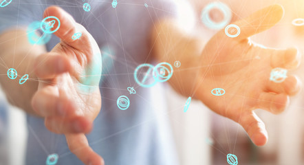 Businessman using flying network connection interface 3D rendering