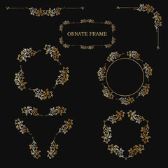 Set of ornate floral golden frames. Vector isolated illustration.