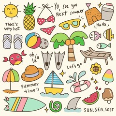 Set of Cute Summer Time Doodle. Hand Drawn. Vector Illustration.	 - 156996895