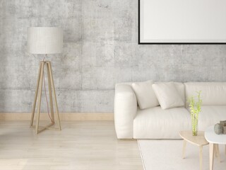 Mock up a modern living room with a light stylish sofa on the hipster background.