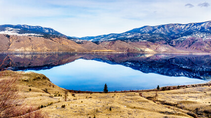 Kamloops Lake, which is a very wide portion of the Thompson River, on a cold winter day with the surrounding mountain reflecting in the quiet surface of the lake. 