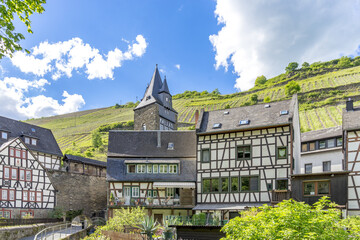 Public street view with romantic half-timbered houses of Bacharach on the Rhine. Rhineland-Palatinate. Germany.