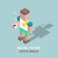 Digital future coffee break, cubes composition isometric vector illustration