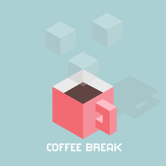 Cubes formed coffee cup, digital coffee break concept, isometric vector illustration