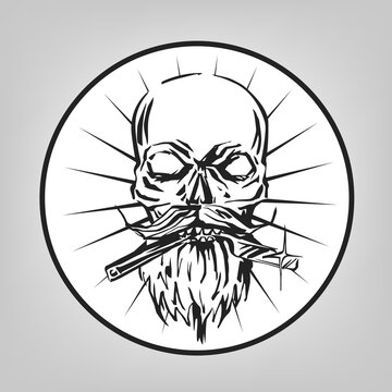 Ink drawn skull of a barber with beard and straight razor in the mouth vector emblem, badge, sign, sticker layout