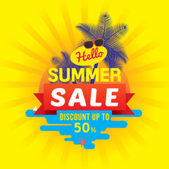 Vector of summer sale discount up to 50 % poster design template with tropical background.
