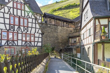 Public street view with romantic half-timbered houses of Bacharach on the Rhine. Rhineland-Palatinate. Germany.