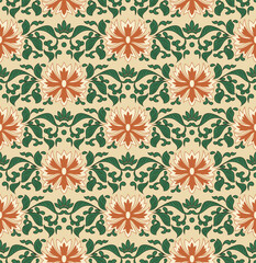 Seamless background botanic garden nature green leaf vine orange flower chintz