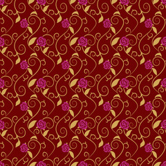 Seamless background spiral gold leaf vine purple pink rose flower