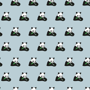 Cartoon fun vector illustration seamless animals pattern with baby panda bamboo background. Black and white bear. 