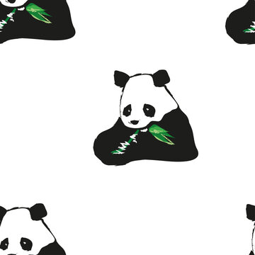 Cartoon fun vector illustration seamless animals pattern with baby panda bamboo background. Black and white bear. 