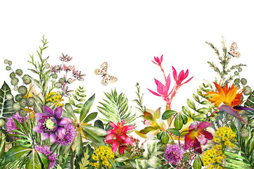 Panele Szklane Podświetlane  Bezszwowa granica z roślinami tropikalnymi - kwiaty, liście. egzotyczny wzór kwiatowy akwarela z ziołami, motyl. Bezszwowa obręcz kwiatowy, opaska na karty, zaproszenia lub tkaniny. .