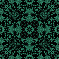 Antique seamless background Asian botanic garden spiral vine leaf flower chintz