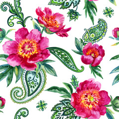 Obrazy na Plexi  Akwarela wzór różowe piwonie i paisley. Ilustracja rysunek na białym tle.
