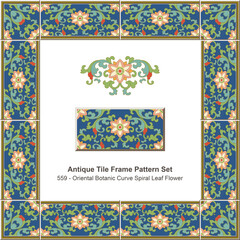 Fototapeta na wymiar Antique tile frame pattern set Oriental Botanic Curve Spiral Leaf Flower