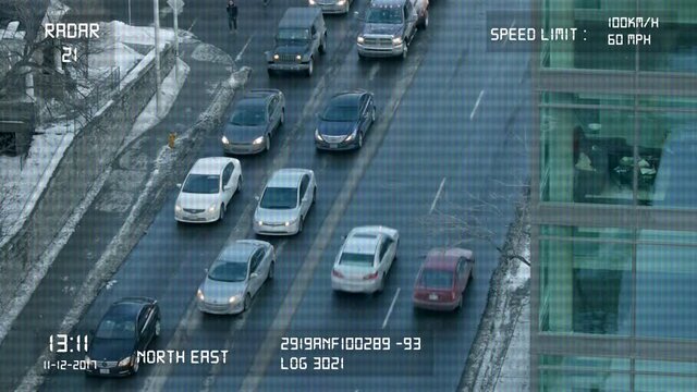 Surveillance traffic camera filming a traffic jam.