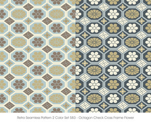 Retro Seamless Pattern 2 Color Set Octagon Check Cross Frame Flower