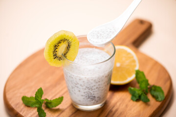Healthy breakfast with chia pudding in glass
