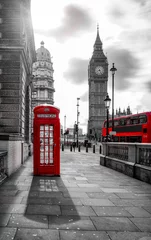 Papier Peint photo Bus rouge de Londres bus rouge et cabine téléphonique devant Big Ben