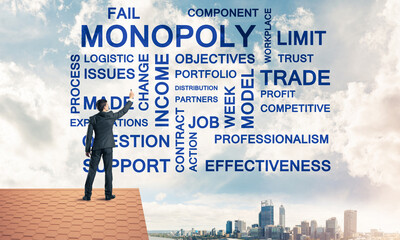 Young businessman standing on house roof and writing leadership 