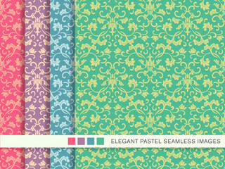 Seamless pastel background set Chinese botanic spiral flower leaf chintz