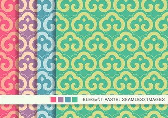 Seamless pastel background set oriental curve spiral cross frame chintz