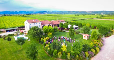 Foto auf Acrylglas Luftbild Aerial view of an old farmhouse in the vineyards near Soave, Italy.