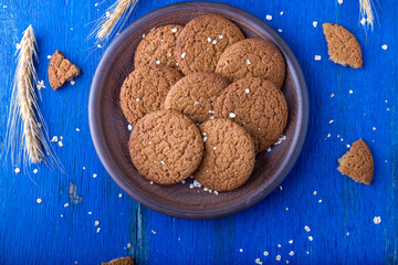 Oatmeal cookies in brown plate on blue background. Rustic style. Top view