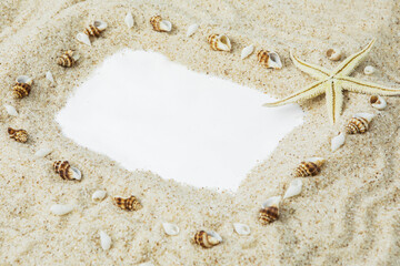 Beach sand with frame and seashells
