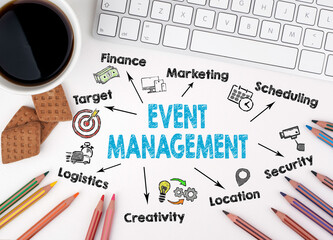 Event management concept. Computer keyboard on a white table.